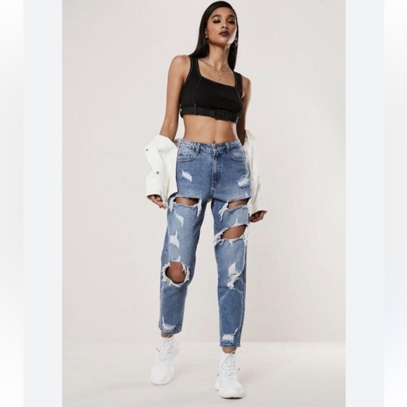 Missguided + Denim - Missguided Womens Jeans 2 Petite Blue Mom Tapered High Waist Ripped Denim Pants
